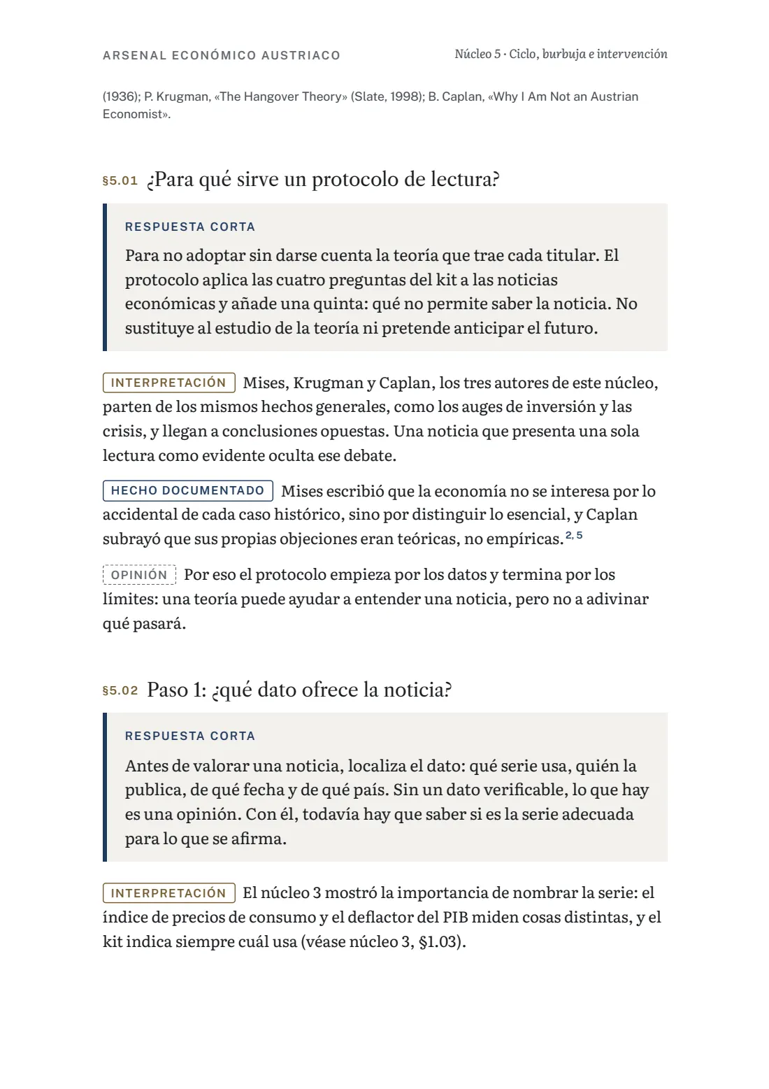 Página del núcleo 5 con el protocolo para leer noticias económicas